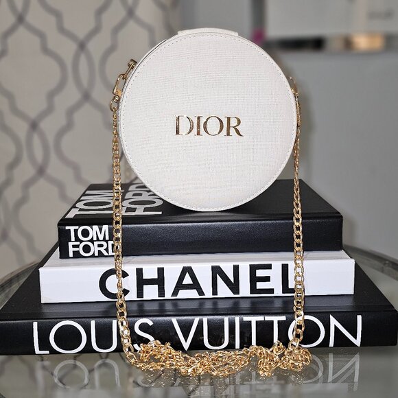 Authentic New CHRISTIAN DIOR Round Crossbody Makeup Bag White Ivory Gold - Picture 1 of 2